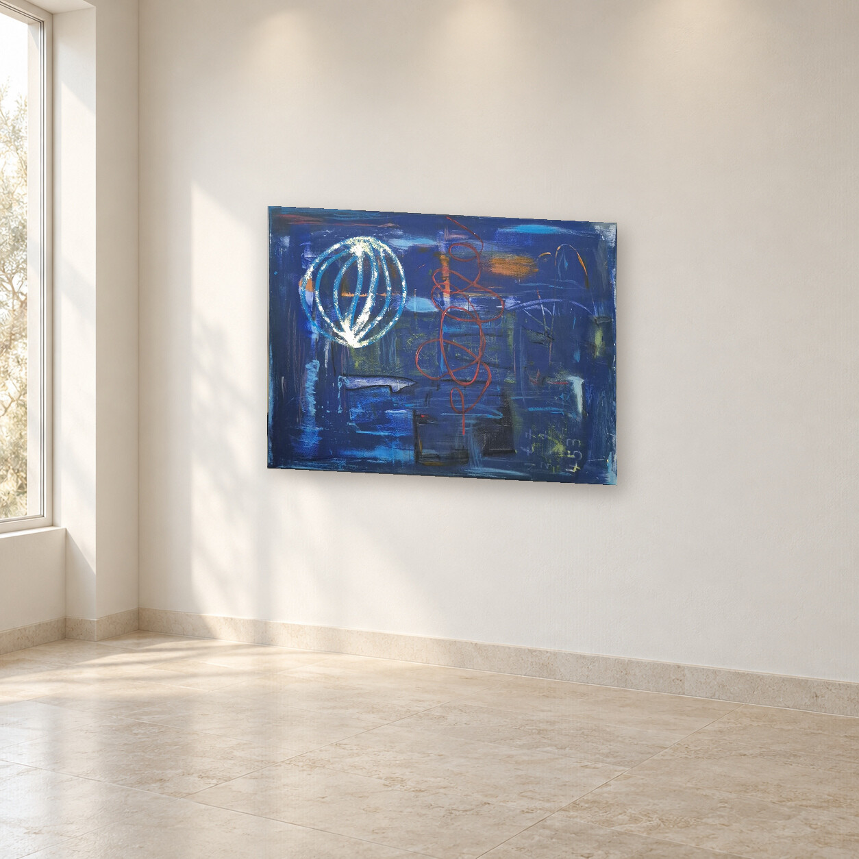 Blue Orbit, abstraktes blaues Gemälde mit heller Kreisform
