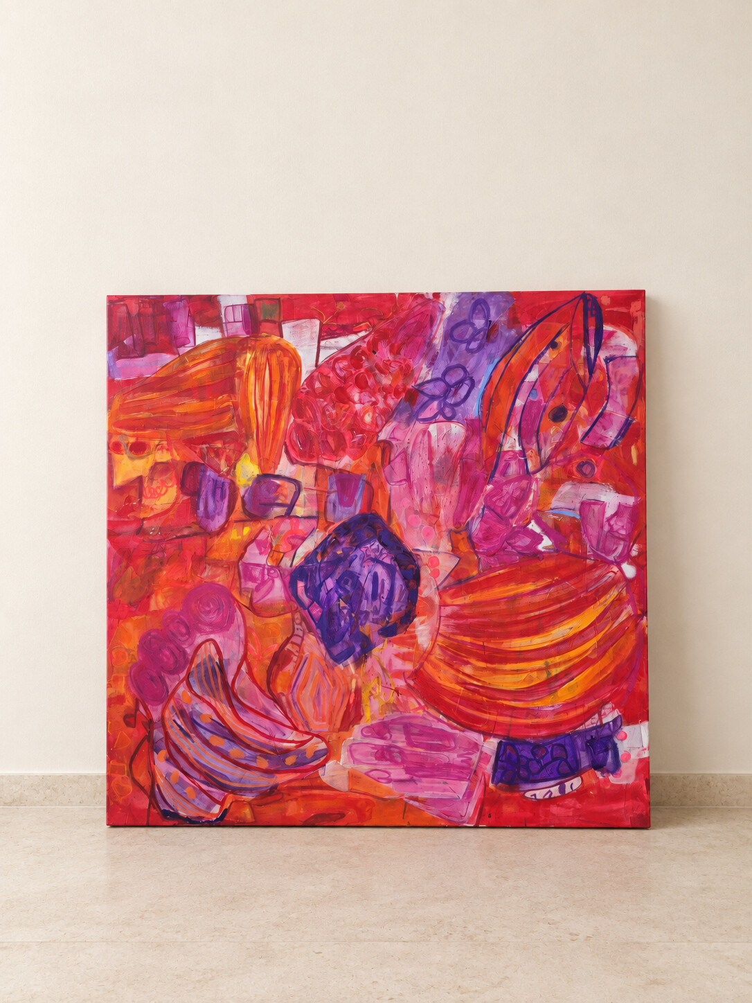 The Dream, abstraktes Gemälde in Pink, Orange, Rot und Violett